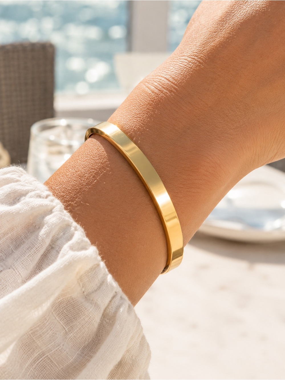 18K Gold Plated Stainless Steel Bangle Bracelet 8mm Wide Waterproof